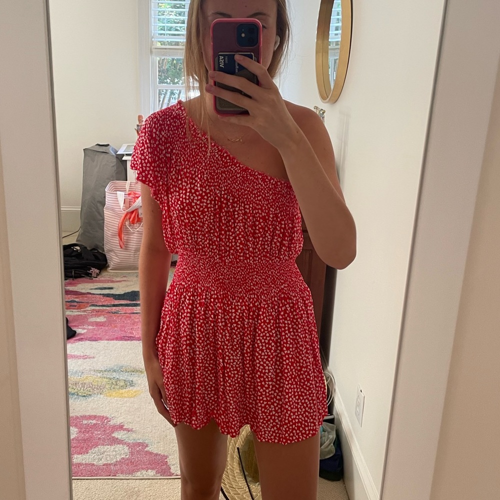 Impeccable Pig One Shoulder Red Hearts Mini Dress